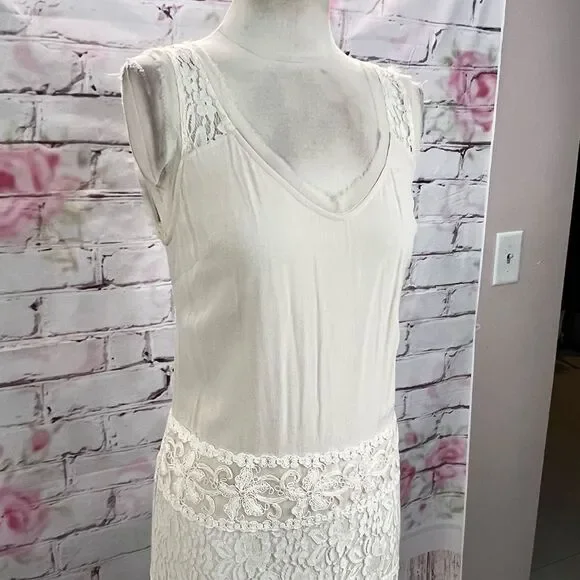 Ark & Co Women's Lace Fringe Cream Chiffon Sleeveless Mini Shift Dress Size S - Picture 5 of 14